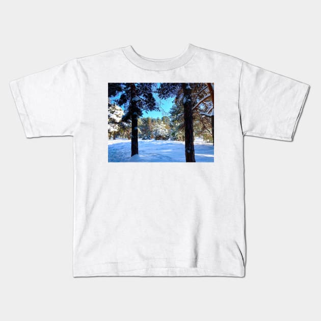 Scenery at the Sormovsky Park in Nizhny Novgorod with pine trees, spruces, and snow Kids T-Shirt by KristinaDrozd